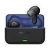 Écouteurs Realme Buds T500 Pro noirs : boîtier de charge ouvert à l’intérieur bleu, un écouteur en lévitation au-dessus